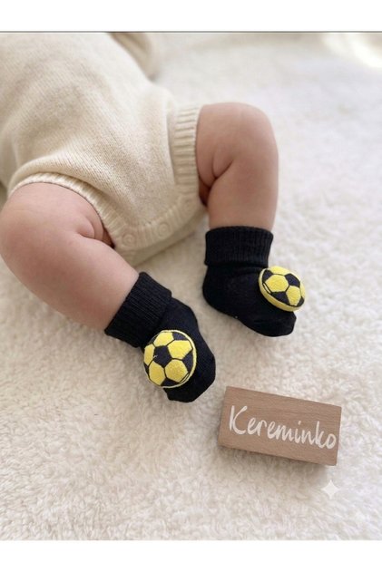 Yellow and Navy Blue Fan Socks with Ball Accessories, Suitable for 0-6 Months