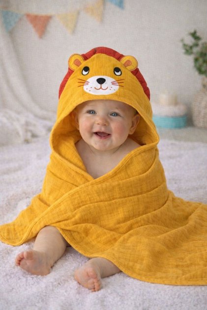 Lion -Aslan Nakışlı Müslin %100 Organik Pamuk - Yazlık Deniz ve Havuz Kıyafeti - Bebek Yenidoğan Banyo Kurulama Kundak - Havlu - Kapuşonlu - Panço - Hardal Sarı