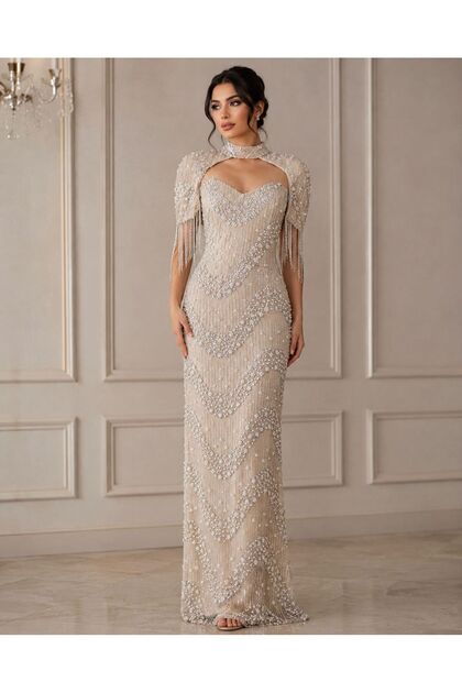 Luxury Beaded Evening Gown with Attached Capelet