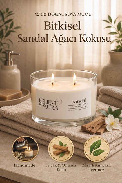 Sandal Ağacı Kokulu Mum - %100 Soya Mumu Aromaterapi Kase Mum - 120 cc