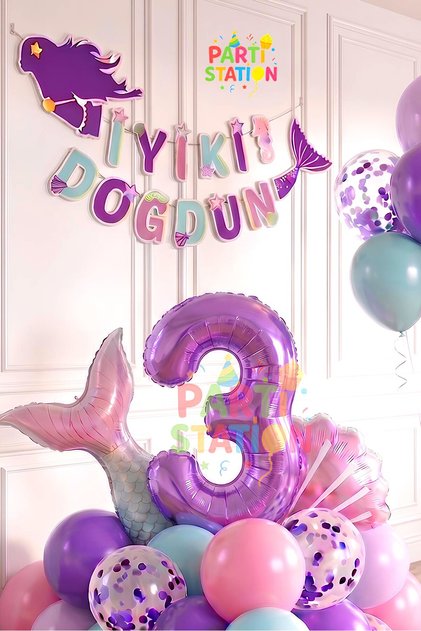 Mor Rakam Balon Deniz Kızı Konsept Parti 3 Yaş Balon Set Mermaid Doğum Günü Balon Set Deniz Kızı