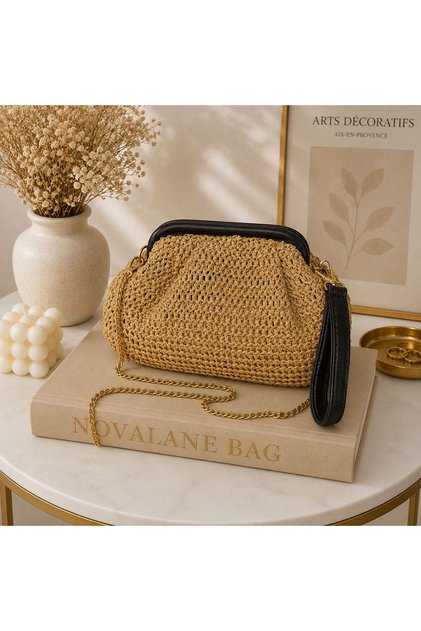 Zincir askılı hasır clutch el çantası