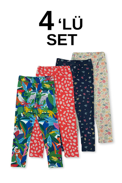Children's Leggings Set - Set of 4, Patterned Seasonal Lycra Cotton Girls' Leggings Set