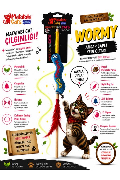 Wormy Wooden Handled Cat Fishing Rod with Plush Cat Toy - Matatabi Content