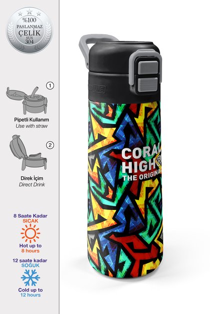 Kids Black Graffiti Patterned Steel Thermos with Straw and Direct Drinking 500 ml 31847
