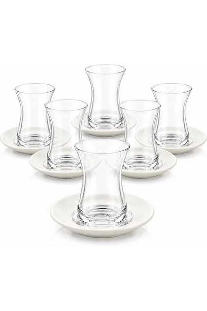 Estikana 6 PCS Tea Cups (100ml) & 6 PCS Porcelain Saucers (11.8cm) Set – 12PC | Premium Pasabahce Glass & Porcelain