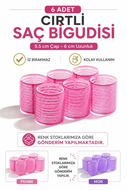 6lı Büyük Boy Bigudi Cırtlı - Yapışkanlı Saç Bigudisi