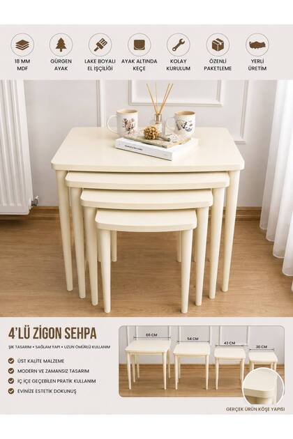 Başaran Concept Üst Kalite 1. Sınıf Mdf Boyalı 4 Lü Zigon Sehpa Krem Sehpa