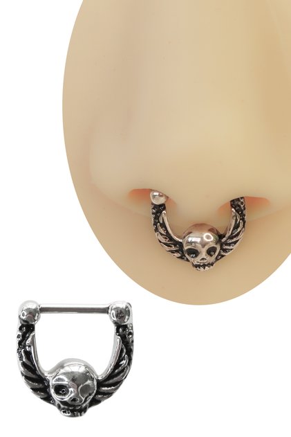 316L Çelik Kanatlı Kuru Kafa Detaylı Septum Piercing | Gotik Şık Özel Tasarım