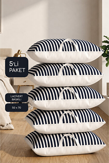 5'li Set 70x50 Cm Yastık & Kıyafet Organizer Hurç Lacivert Çizgili