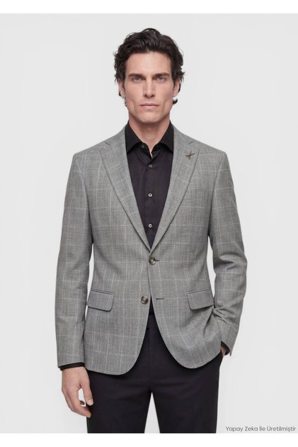 Gri Modern Fit İpek Karışımlı Ceket