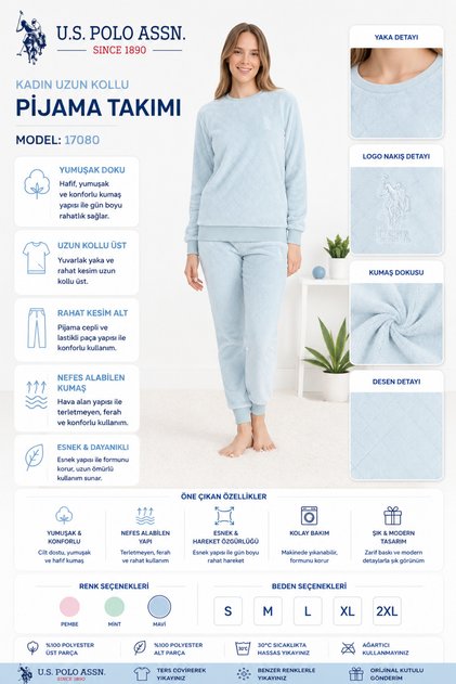 Us Polo Licensed Soft Textured Fabric Circular Neck Long Sleeve Welsoft Fleece Women's Pajama Set