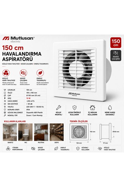 150 cm Havalandırma Aspiratörü Banyo WC Mutfak Duvar Tipi Fan
