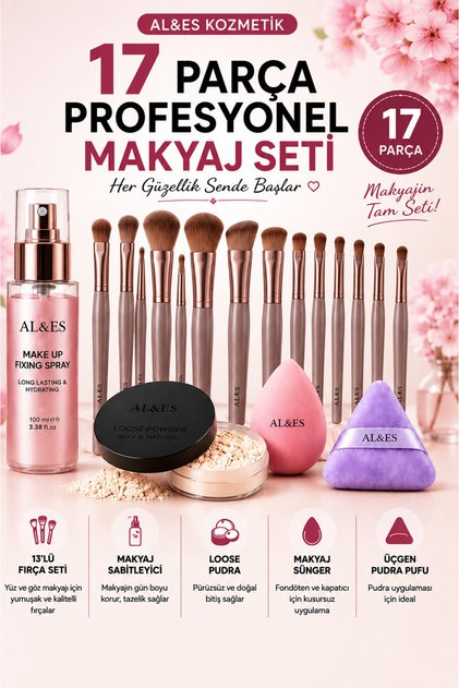 17 Parça Profesyonel Makyaj Seti | 13'lü Fırça, Makyaj Sabitleyici, Loose Pudra, Damla Sünger ve Üçgen Pudra Pufu