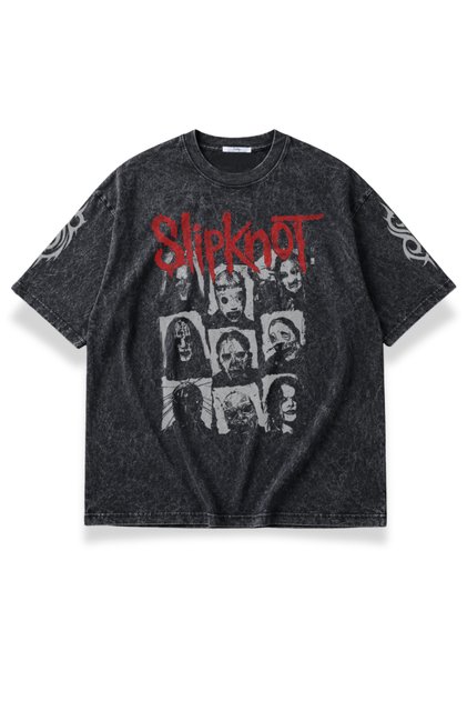 Unisex Slipknot Logo Sleeve Printed Washed T-Shirt, Oversized Rock Band Themed Retro Tee Shirt