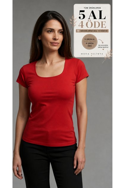 KADIN KISA KOLLU KARE YAKA KIRMIZI RENK BODY T-SHIRT
