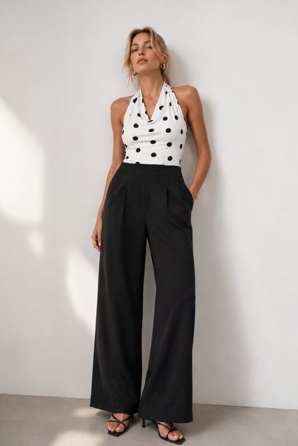 Women's Black Degaje Collar Polka Dot Blouse & High Waist Palazzo Pants Bottom-Top Set