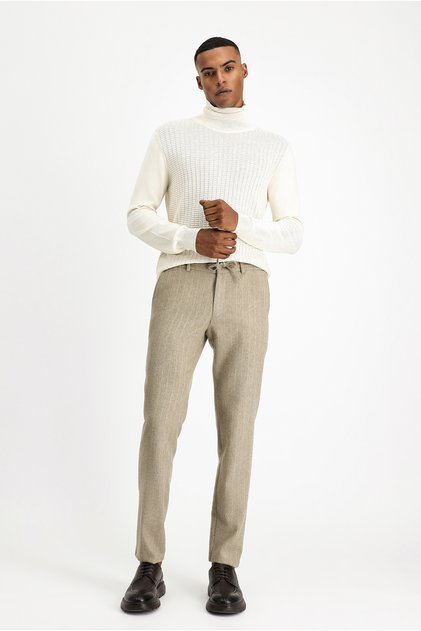 7 Drop Slim Fit Dar Kesim Yünlü Beli Lastikli İpli Çizgili Klasik Kumaş Pantolon
