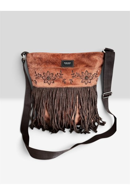 Brown Nubuck Fabric Embroidered Tassel Crossbody Bag