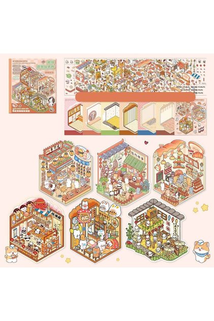 C-6 scenarios 3D Cabin Scene Stickers Book Visual Stacking Cartoon Scene Sticker Collection DIY Cabi