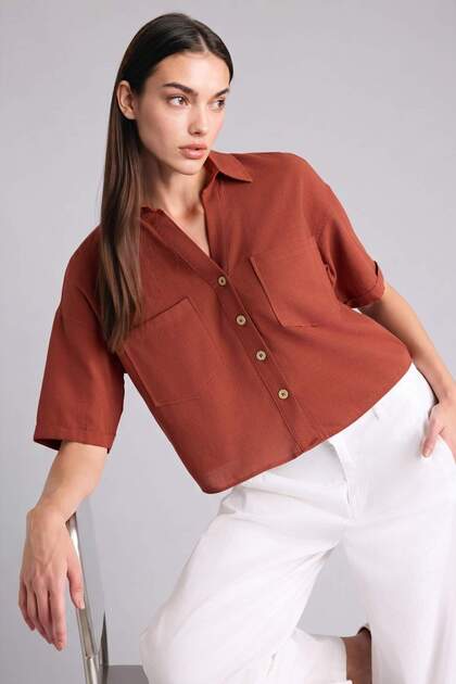 Boxy Fit Gömlek Yaka Keten Karışımlı Kısa Kollu Gömlek V2523AZ26SP