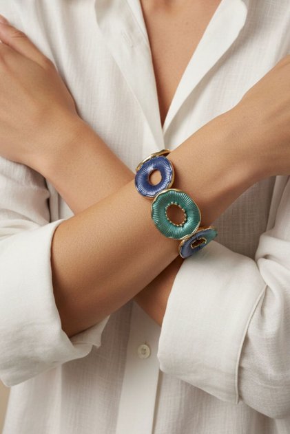 Blue Flower Detailed Zircon Stone Elastic Bracelet (2.5 cm)