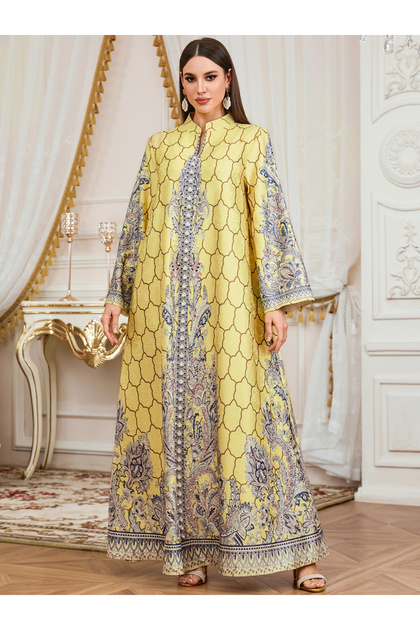 Yellow Floral Print Faux Pearl Embellished Jalabiya