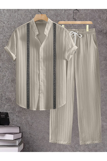 Men Beige Jacquard Stand Collar Short Sleeve Button Front Shirt and Pants Co-Ords