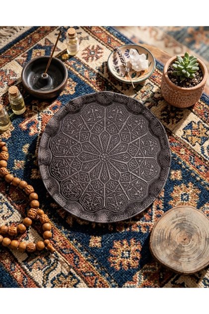 Tinplate Round Metal Tray for 6 People, Decorative Tea and Coffee Serving Tray 35cm
