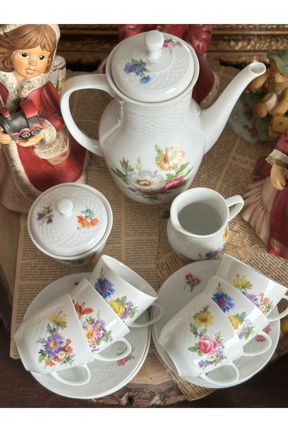 Antique German Stamped White Porcelain Turkish Coffee Cup Set with Colorful Flowers for 6 People
