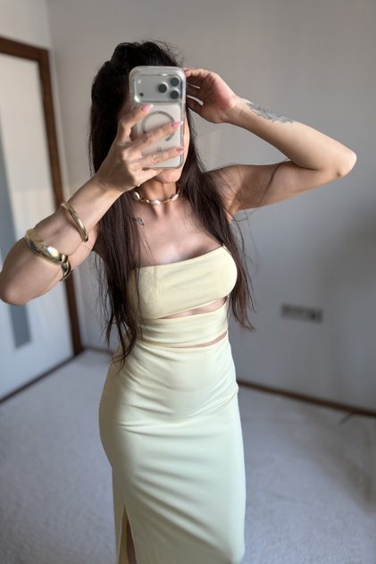 Sarı Straplez Pencereli Midi Elbise