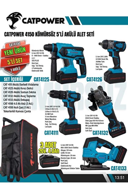 öznet Cat Power Catpower 4150 Kömürsüz Akülü 5'li Set - Fiyatı