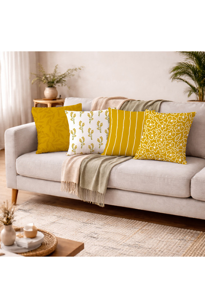 Mustard Yellow Geometric and Leaf Patterned Modern Suede Throw Pillow Cover Set of 4