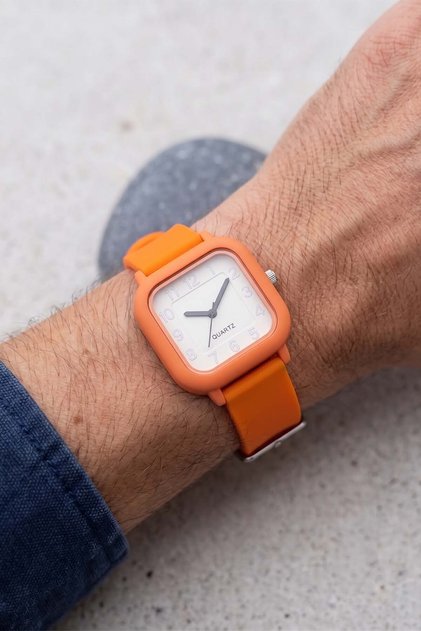 Unisex Orange Silicone Cord Square Case Minimal Wristwatch