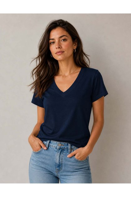 Basic Kadın V Yaka Lacivert T-shirt