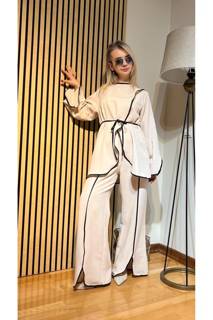 Riva Linen Summer Set Contrast Piping Tie-Up Blouse & Wide-Leg Trousers Hijab Compatible Comfortable Comfortable