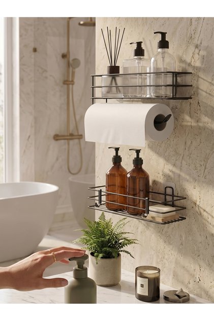 Luxury Thermoplastic Coated Black Adhesive 2-Piece Bathroom Shelf Shampoo Holder Paper Towel Holder Organizer with Hooks
