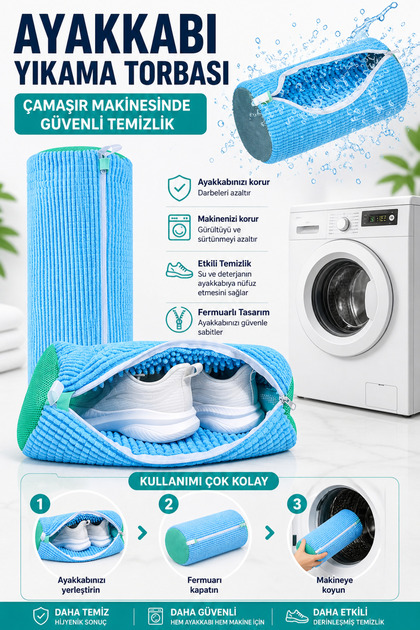 MAVİ Büyük Boy Mikrofiber Ayakkabı Yıkama Çantası Fermuarlı