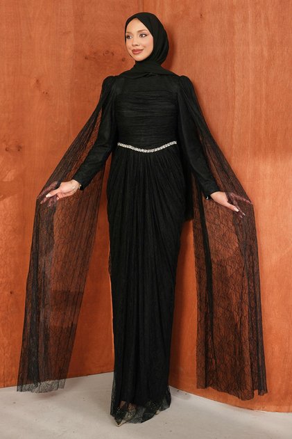 Black Gathered Front Stone Lace Evening Dress