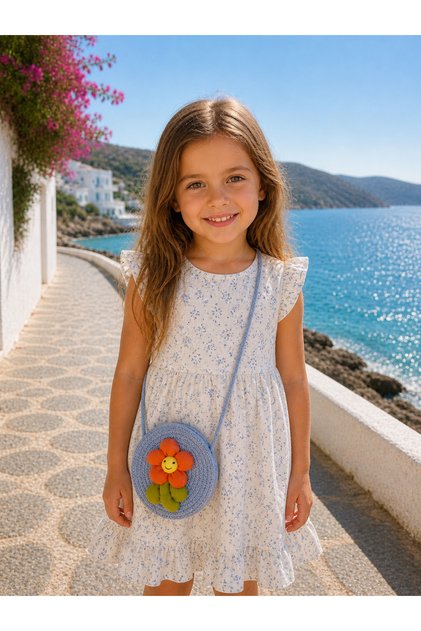 Blue Straw Shoulder Strap Children's Bag with Flower Figures - Children's Gift - 12X12