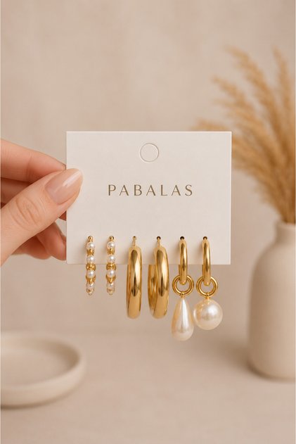 Set of 6 Gold Hoop Earrings – Women's Earring Combination with Pearl Detail