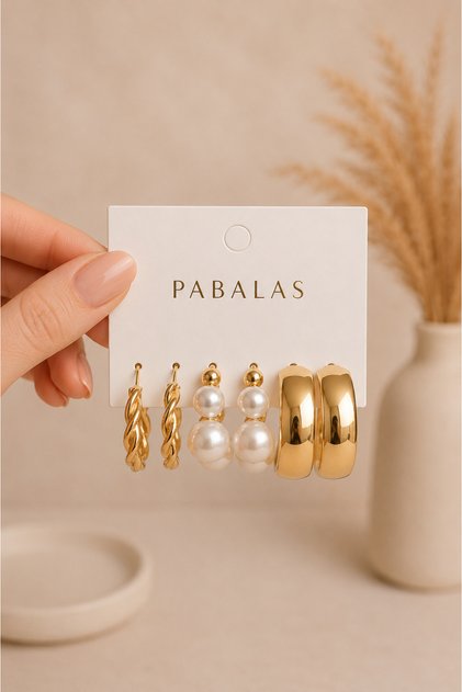 Set of 6 Gold Hoop Earrings – Thick Hoop Women's Earring Combination with Pearl Detail