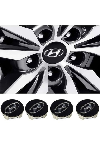 Set de 4 capace de roată de 60mm pentru Hyundai - Compatibil cu i10, i20, i30, ix35 și alte modele, Negru