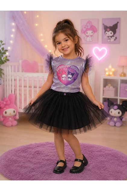 My Melody Kuromi Printed Skirt and Tulle Sleeves Birthday Party Leisure Dress