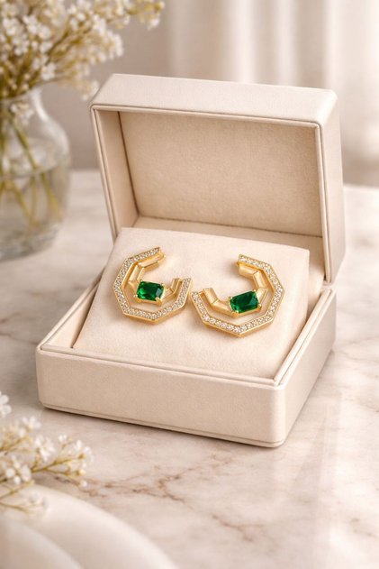 Zümrüt çember zirkon taşlı gold küpe-kararmayan seri