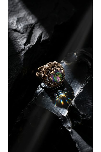 Bronze Vintage Women's Ring Authentic Copper Jewelry Mystic Topaz Stone Flower Dome Adjustable