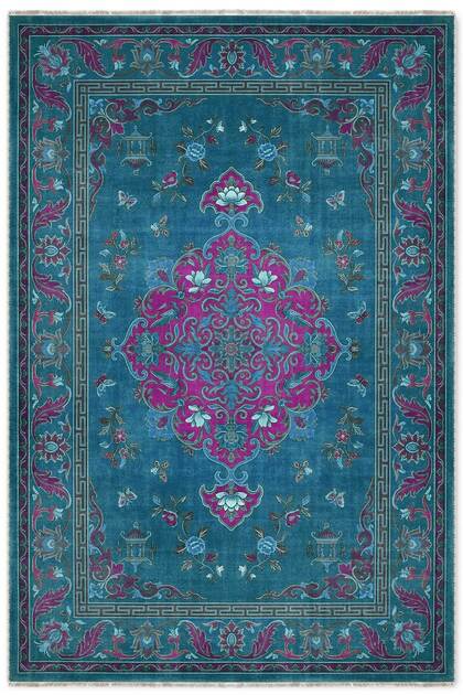 Petrol Blue Retro Vintage Chenille Carpet Rug Floor Mat Non-Slip Washable Living Room Kitchen Hallway