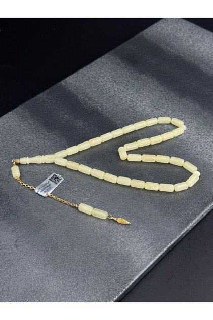 Beyaz Kaliningrad Rus Kaya Orjinal Damla Kehribar Tesbih (Amber),(رمز الحصان) 14K Altın Püskül 1.83 Gr