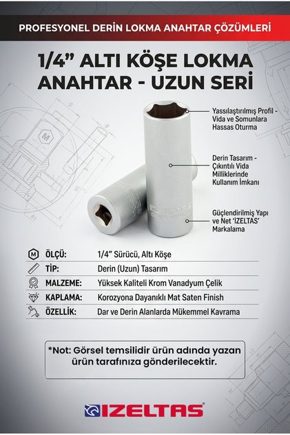1/4" 9mm Altı Köşe Derin Lokma Anahtar