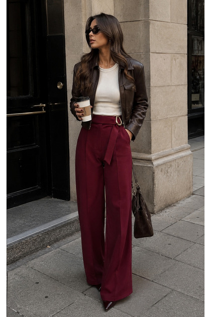 Women's Burgundy Pants with Buckle Fastening